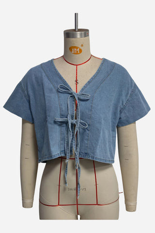Tie-Front Denim Wide-Leg Pants Set