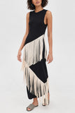Fringe Asymmetric Sleeveless Midi Dress