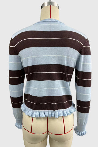 Striped Ruffle Trim Crew Neck Sweater