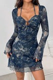 Sheer Bell Sleeve Ruched Cutout Mini Dress