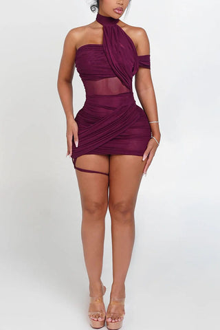 Ruched Asymmetric Neck Bodycon Mini Dress