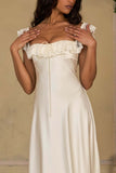 Lace Ruffle Off-Shoulder Satin Midi Dress