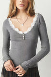 Lace Trim Ribbed Henley Long Sleeve Top