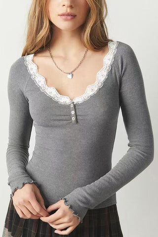 Lace Trim Ribbed Henley Long Sleeve Top