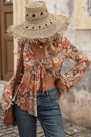 Floral V-Neck Tie Front Bell Sleeve Blouse