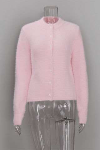 Mock Neck Button-Front Fuzzy Knit Cardigan