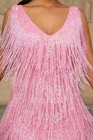 Sequin Fringe V-Neck Sleeveless Mini Dress