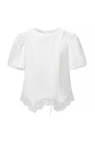 Round Neck Puff Sleeve Lace Trim Drawstring Blouse