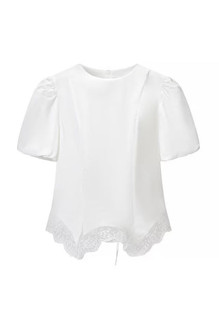 Round Neck Puff Sleeve Lace Trim Drawstring Blouse