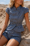 Striped Double-Breasted Cap Sleeve Short Set