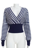 Striped Wrap V-Neck Long Sleeve Crop Blouse