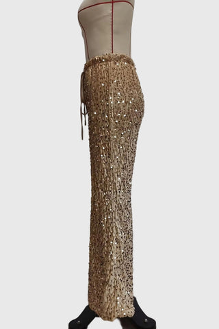 Sequin Drawstring Wide-Leg Casual Pants