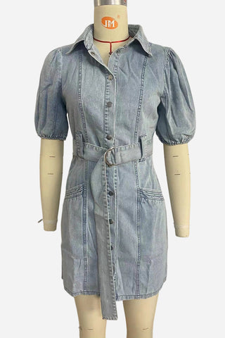 Belted Button Front Denim Mini Dress
