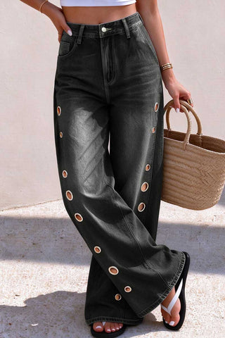 Metal Eyelet High-Waist Wide-Leg Baggy Jeans