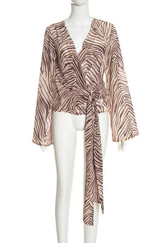 Zebra Print Wrap V-Neck Bell Sleeve Blouse
