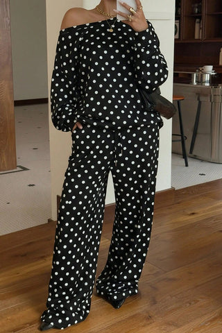 Polka Dot Off-Shoulder Long Sleeve Pants Set