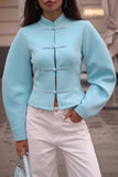 Mandarin Collar Frog Button Puff Sleeve Blouse