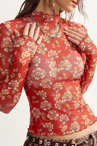 Sheer Floral Mock Neck Long Sleeve Blouse