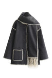Contrast Trim Fringe Hem Cape Coat