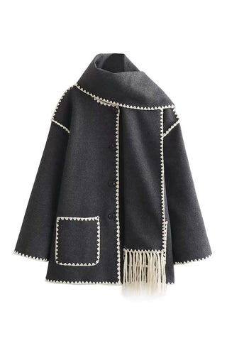 Contrast Trim Fringe Hem Cape Coat