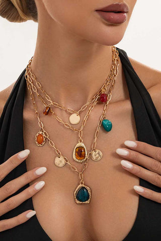 Multi-Layer Chain Link Gemstone Pendant Necklace