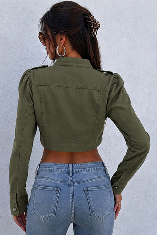 Collarless Crop Denim Jacket