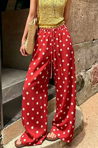 Polka Dot Drawstring Wide-Leg Casual Pants