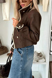 Contrast Trim Mock Neck Double-Breasted Jacket