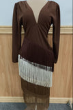 V-Neck Puff Sleeve Tiered Fringe Dress