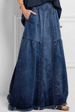 High-Waist Maxi Denim Skirt with Frayed Hem