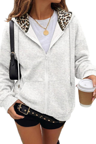 Leopard Detail Zip Front Hoodie