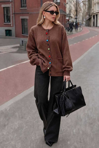 Colorful Button Crew Neck Knit Cardigan