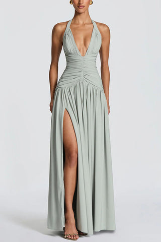 Ruched Halter V-Neck Maxi Casual Dress