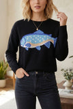 Fish Intarsia Crew Neck Knit Sweater