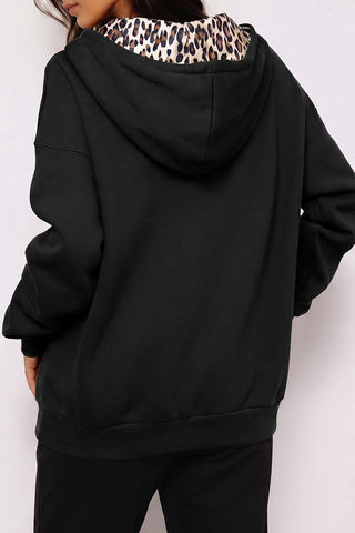 Leopard Detail Zip Front Hoodie