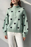 Heart Print Half-Zip Knit Sweater