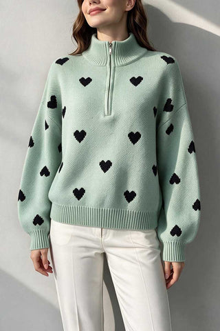 Heart Print Half-Zip Knit Sweater