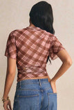 Sheer Plaid Flutter Sleeve Ruched Top