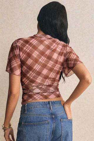 Sheer Plaid Flutter Sleeve Ruched Top