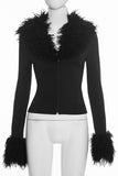 Fuzzy Trim Zip-Front Long Sleeve Top