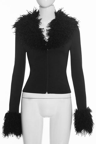 Fuzzy Trim Zip-Front Long Sleeve Top