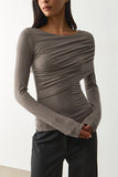 Ruched Boat Neck Long Sleeve Crop Top