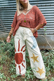 Applique Wide-Leg Drawstring Casual Pants