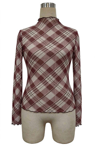 Plaid Mock Neck Sheer Long Sleeve Top