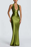 Satin Halter Plunging Mermaid Maxi Dress