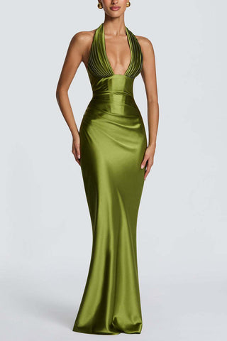 Satin Halter Plunging Mermaid Maxi Dress