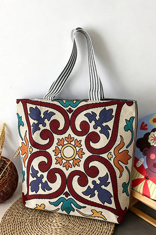Floral Striped Handle Tote Bag