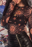 Sheer Mesh Celestial Print Long Sleeve Blouse