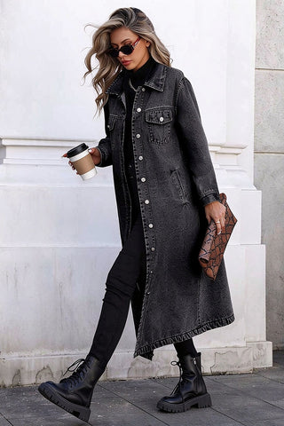 Long Sleeve Button-Front Denim Maxi Coat