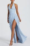Ruched Halter V-Neck Maxi Evening Dress